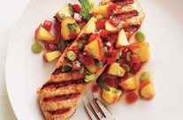 Grilled Halibut with Peach and Pepper Salsa